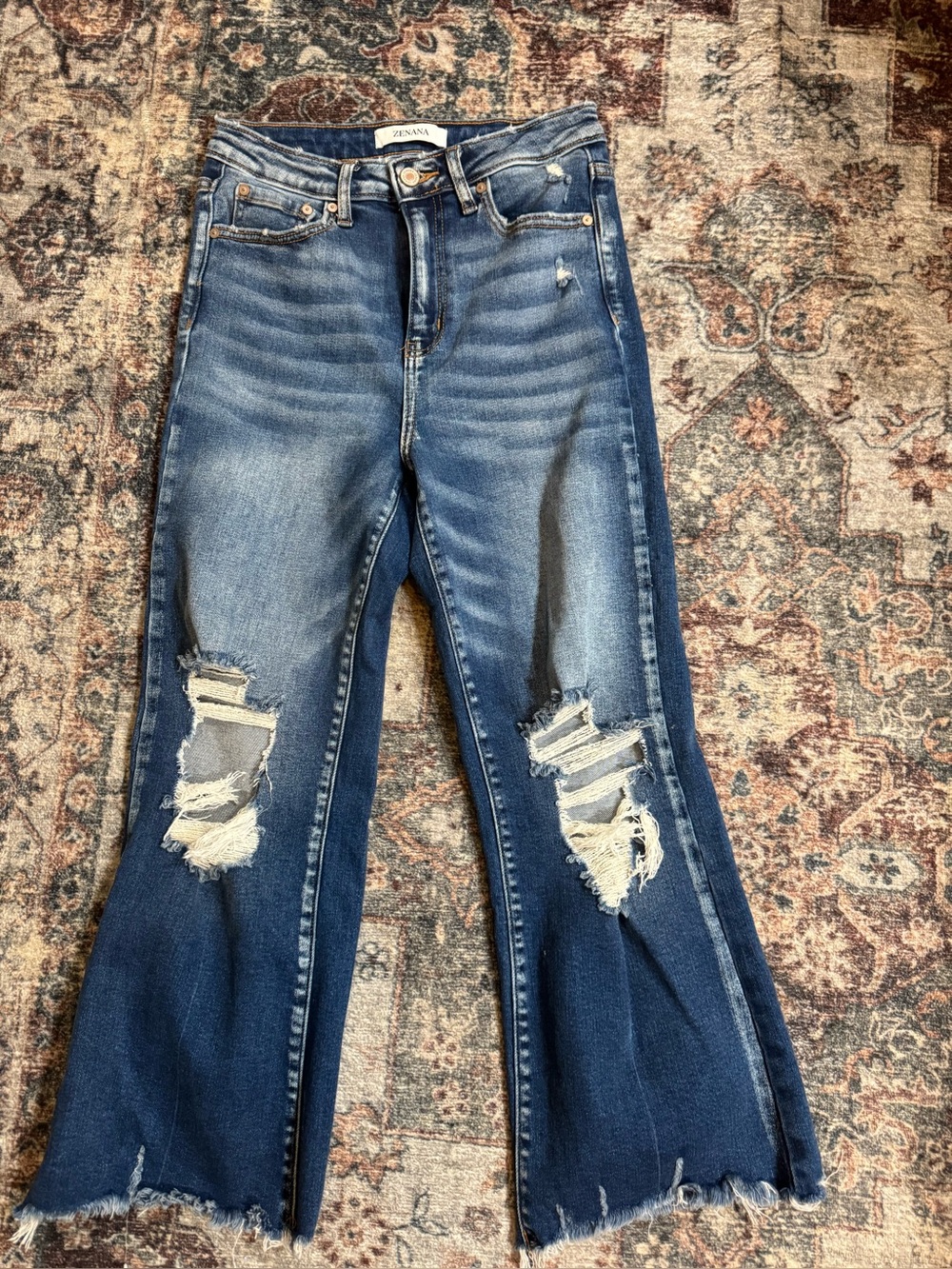 Zena Women's Distressed Blue crop Flare Jeans